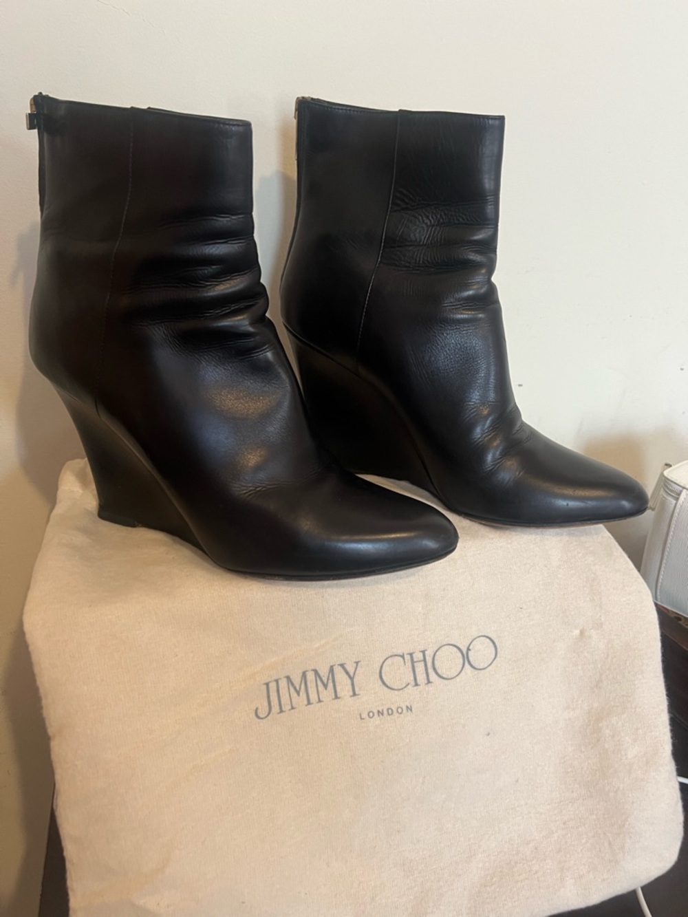 Jimmy Choo Black Leather Wedge Ankle Boots - Pointed Toe